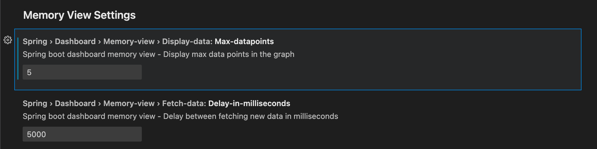 Screenshot of Spring Boot Dashboard Memory View Settings.