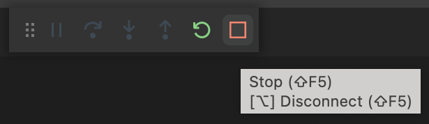 The VS Code interface close-up on the debug overlay showing the stop rectangle button and pointer description.
