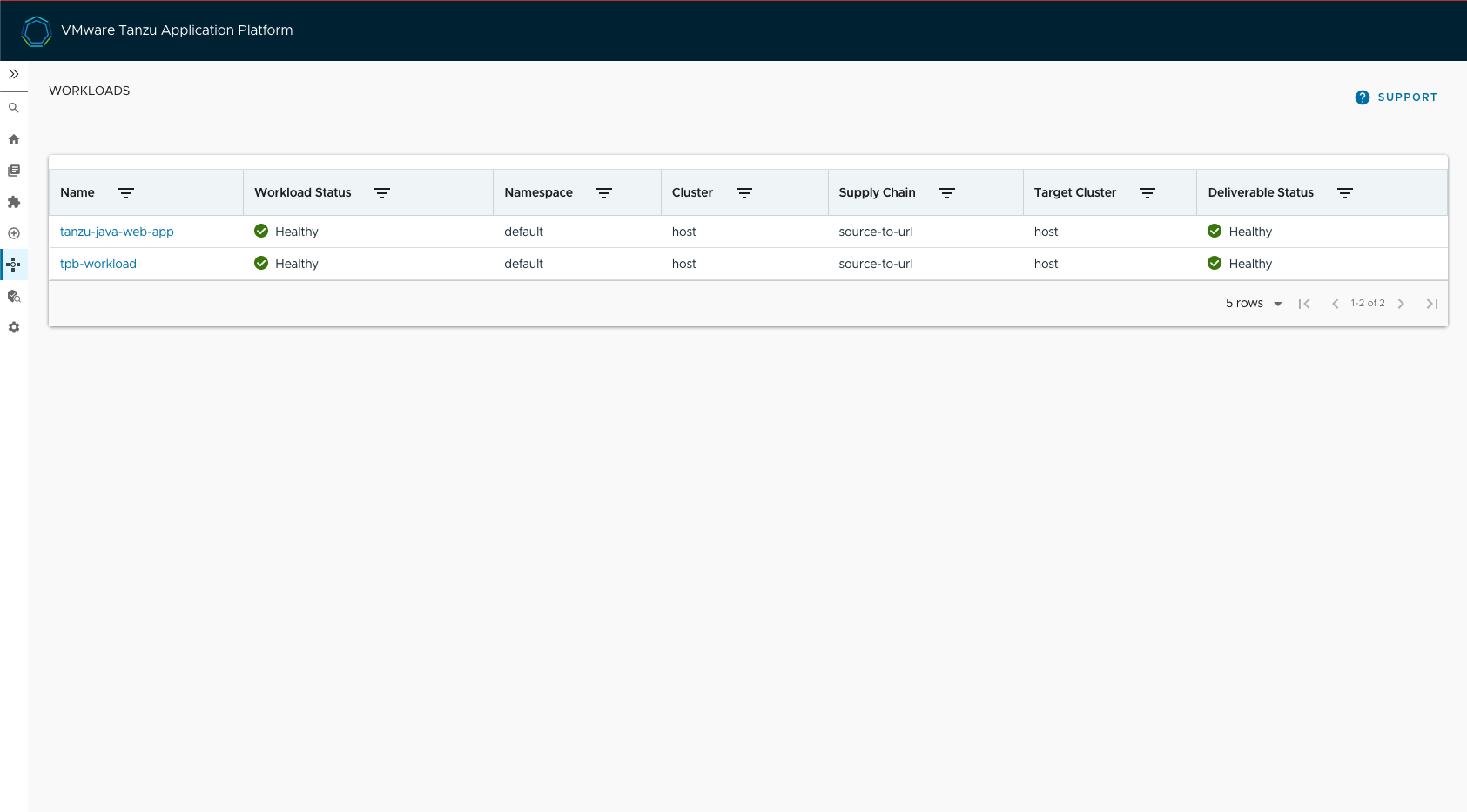 Workloads table displayed in the Tanzu Developer Portal supply chain view.