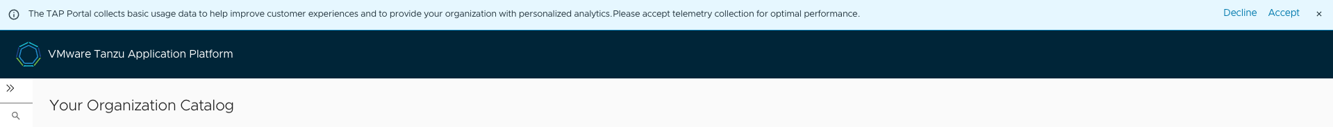 Screenshot of a Tanzu Developer Portal telemetry prompt.
