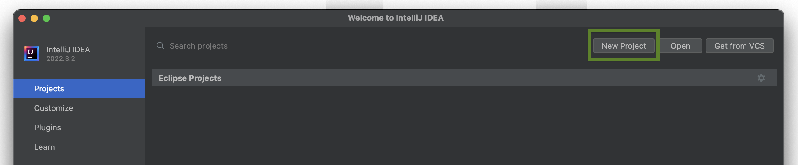 The IntelliJ UI with the New Project button highlighted.