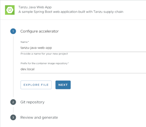 Screenshot of the Tanzu Java Web App accelerator form in Tanzu Developer Portal.
