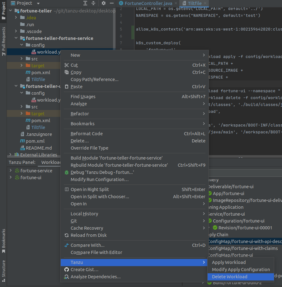 The IntelliJ interface showing the project tab. The workload YAML file pop-up menu is open. The Tanzu Delete Workload option is highlighted.