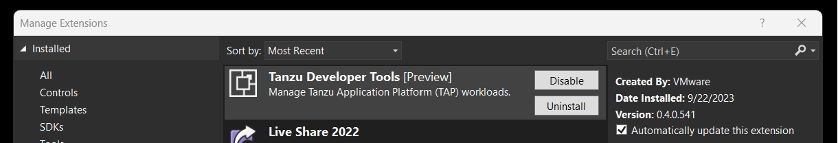 Tanzu Developer Tools is selected within the Manage Extensions pane.