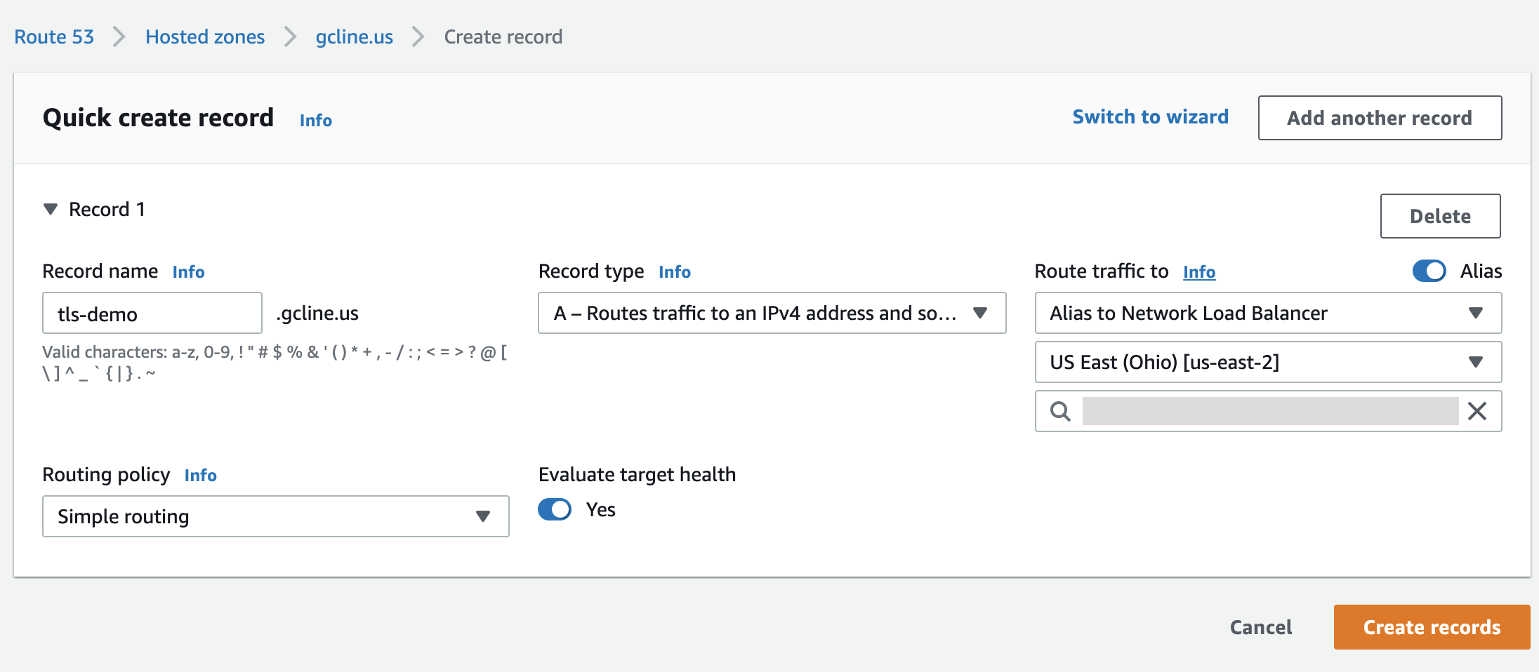 Screenshot displaying the AWS quick create record interface.