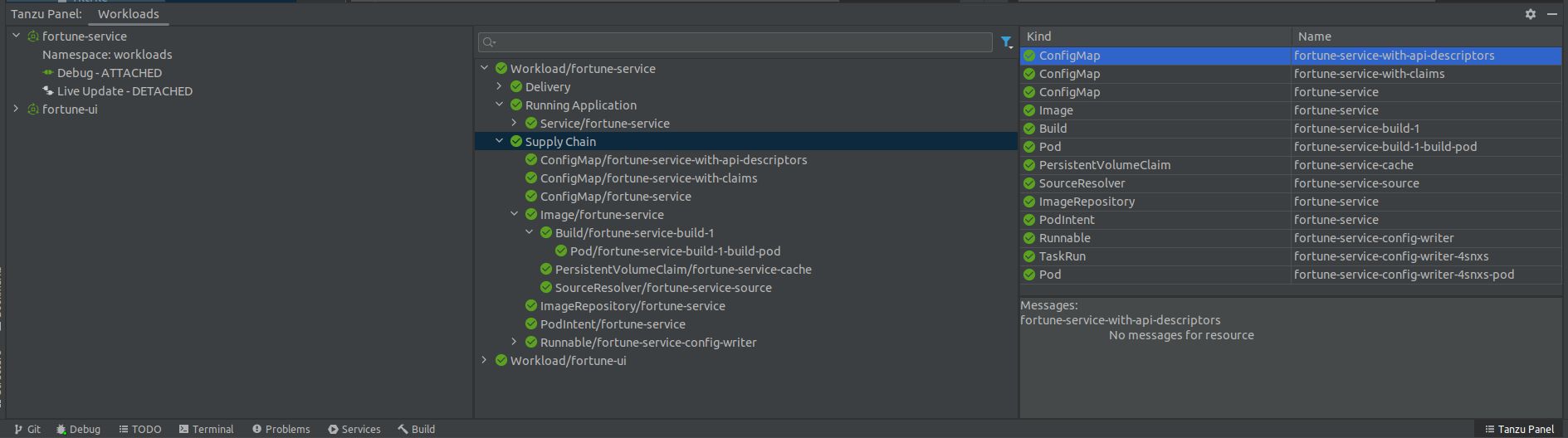 Screenshot of the Tanzu Workloads panel. A Config Map is selected.