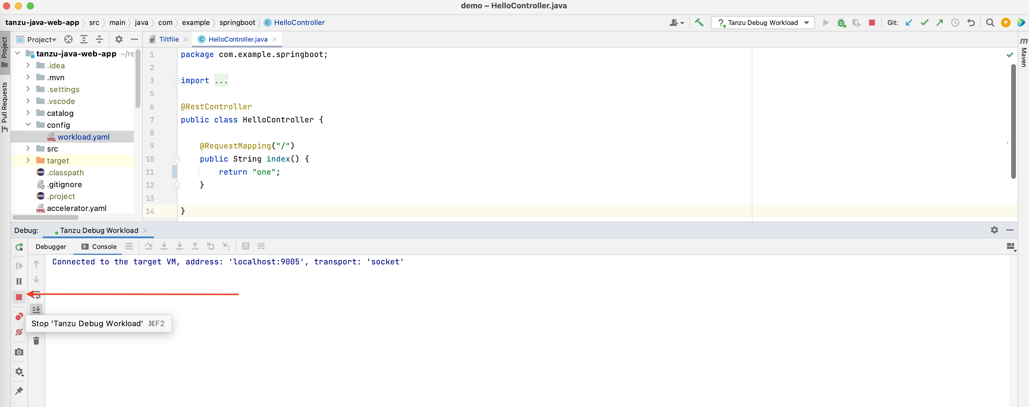 The IntelliJ interface showing the debug interface pointing out the stop rectangle icon and mouseover description.