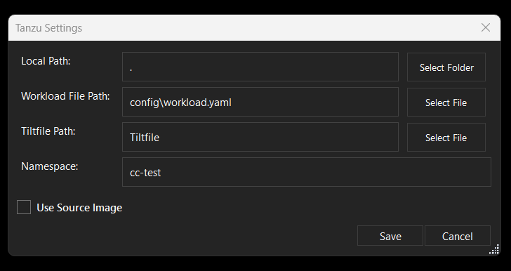 Tanzu Settings window, which shows fields such as Local Path and Workload File Path.