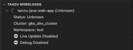 Workload on Tanzu Workloads showing details for tanzu-java-web-app.