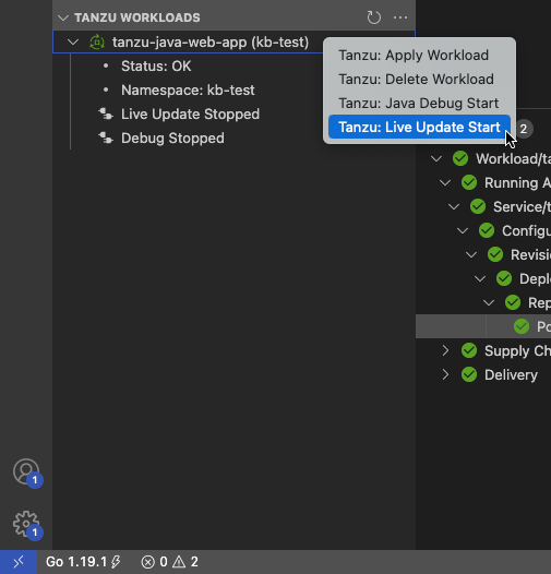 The interface showing the Tanzu Workloads panel right-click menu open and the Tanzu: Live Update Start option highlighted.