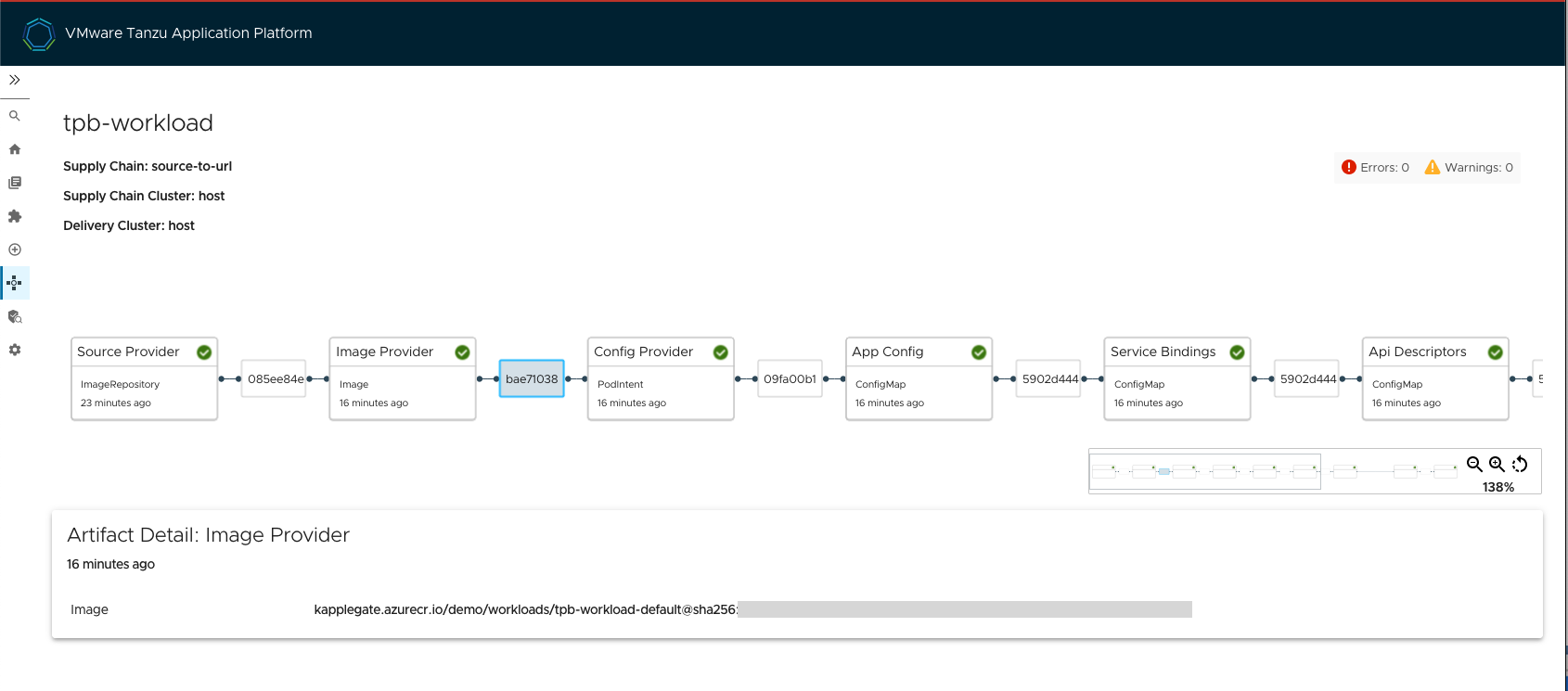 Detailed view of one of the workloads in Tanzu Developer Portal. It includes the Artifact Detail image value.