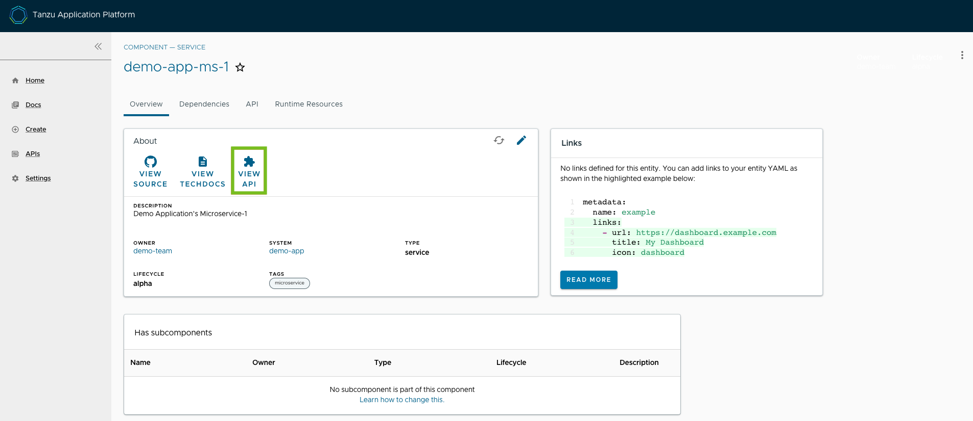 The Component page. The View API button is framed in red.