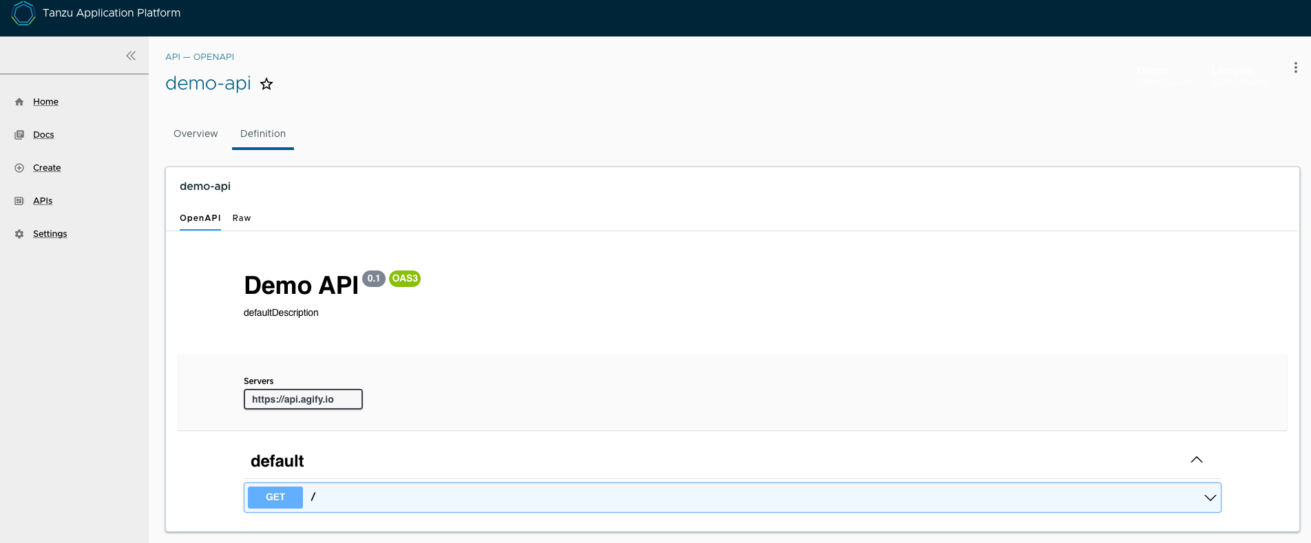 The Definition tab on the page for an API named demo dash api.