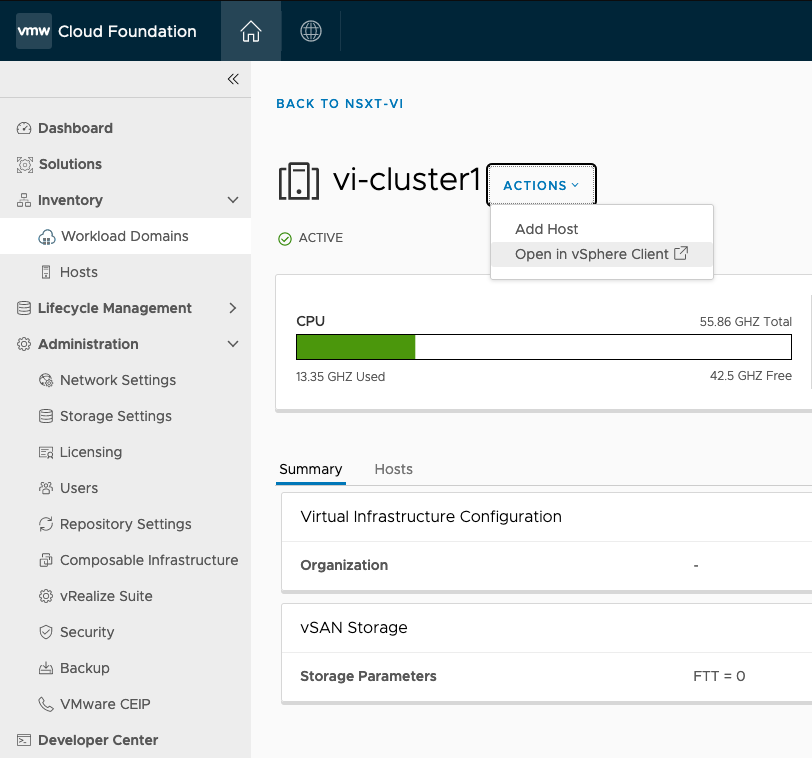 alt-text=In the SDDC Manager dashboard, the selected cluster, vi-cluster1, is active. The Actions menu is expanded.