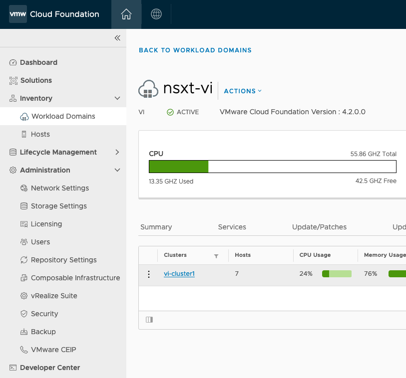 alt-text=In the SDDC Manager dashboard, the selected domain, nsxt-vi, is active.