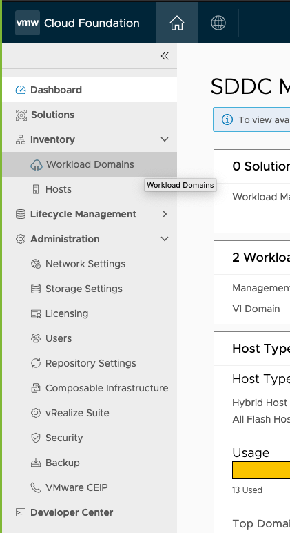 alt-text=The SDDC Manager dashboard collects vCenter information.