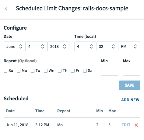 Create or modify scheduled limit change pane