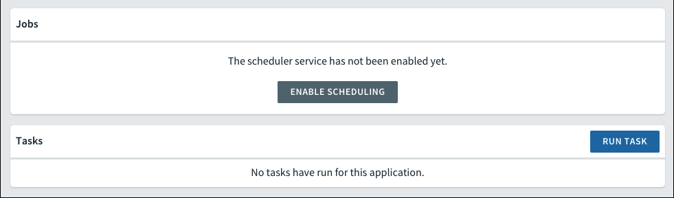 alt-text=The Apps Manager interface shows the Task tab enabled with a message: The Scheduler Service has not been enabled yet. The Enable Scheduling button apppears below the message.