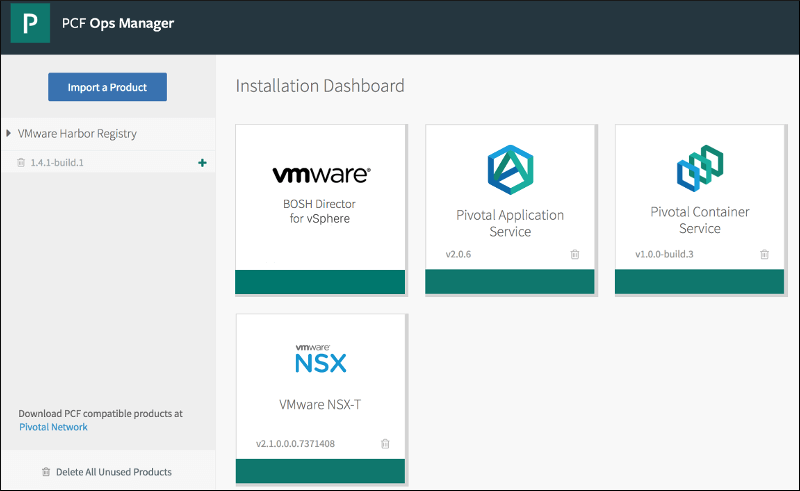 alt-text=Ops Manager Installation Dashboard with NSX-T tile