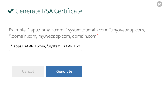 Generate RSA Certificate screen with 2 buttons: Cancel, Generate.