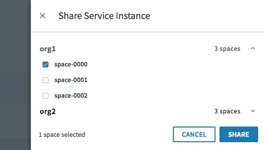 alt-text=The service instance screen allows you to select the space. You can then click Share or Cancel.