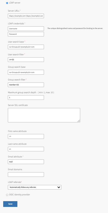 The LDAP Server is selected. Fill in the required fields.