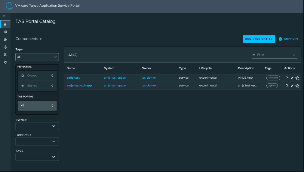 alt-text=TAS Portal catalog, showing available components.