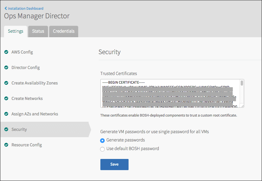 Security pane of Tanzu Operations Manager Director shows Trusted Certificates in the text area.