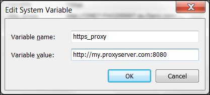 Variable name text field has https_proxy entered. Variable value text field has 'http://my.proxyserver.com:8080 entered.