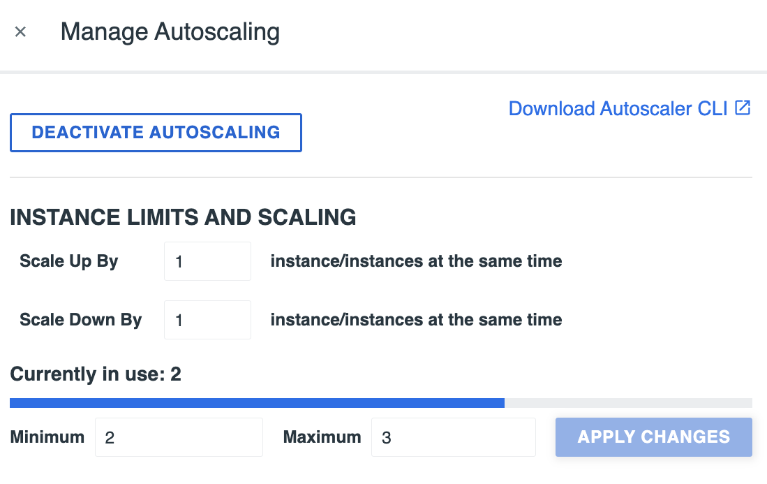 The Manage Autoscaling form includes an Instance Limits and Scaling section. This section includes two text boxes, one for Minimum and one for Maximum. 1 is entered for Minimum and 5 is entered for Maximum.