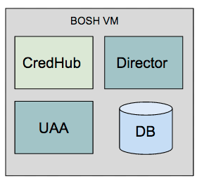 The following components are colocated on the BOSH VM: BOSH Director, CredHub, UAA, and the BOSH Director database