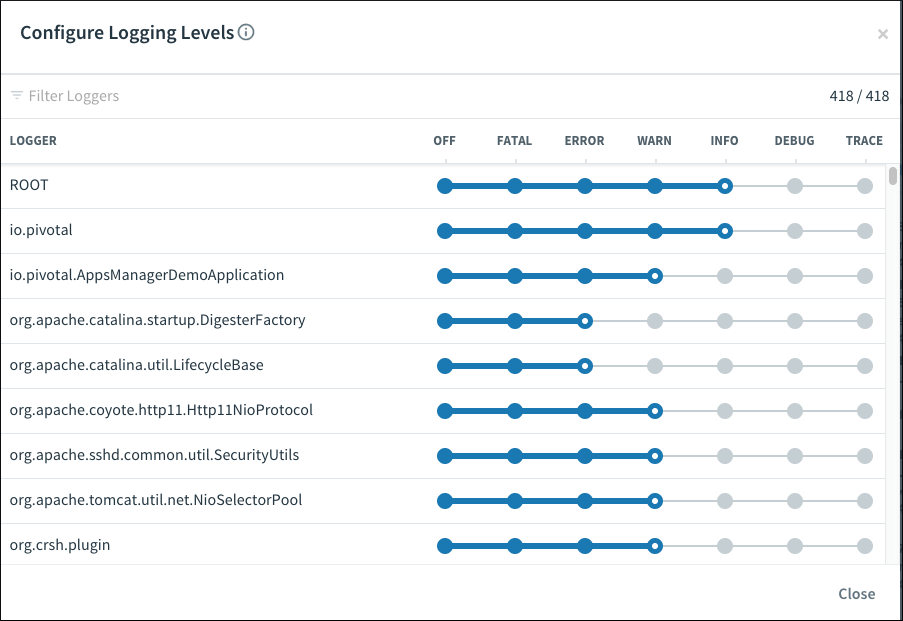 Configure Logging levels: shows level selector for each logger.