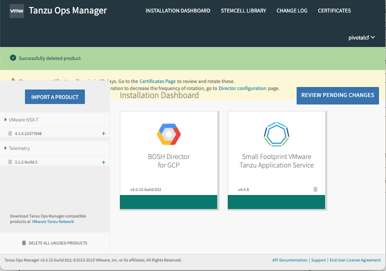 Tanzu Operations Manager Installation Dashboard with NSX-T tile