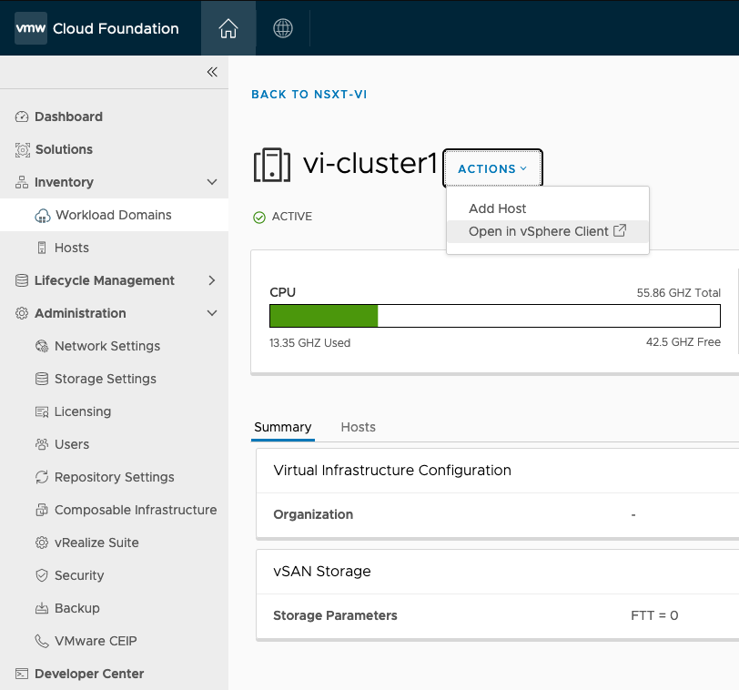 In the SDDC Manager dashboard, the selected cluster, vi-cluster1, is active. The Actions menu is expanded.