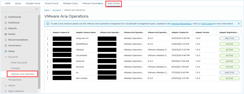 View Adapter instance details in the CloudHealth platform