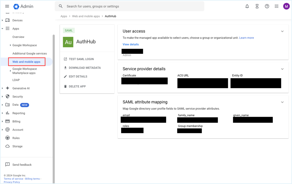 Google Workspace SAML App Details Page
