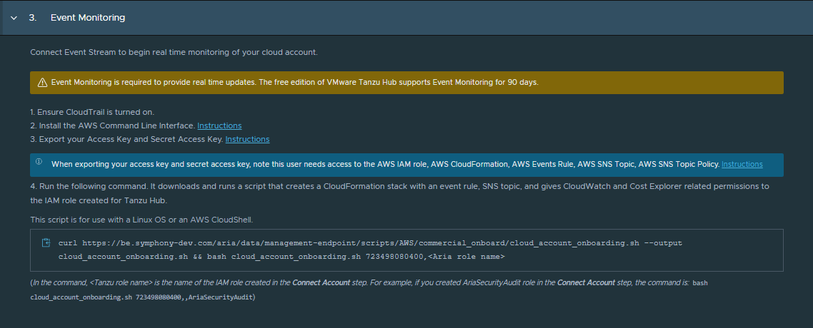 The Account Onboarding page provides the AWS configurations so that you can run the Connect Event Stream script in step 4.