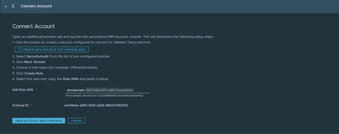 The AWS Connect Account section in Tanzu Platform hub with the IAM Role ARN text box populated with the value from AWS.