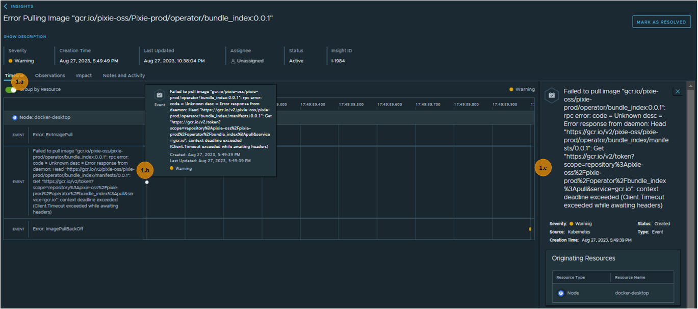 The Timeline view with the observations distributed based on when the alert was generated.