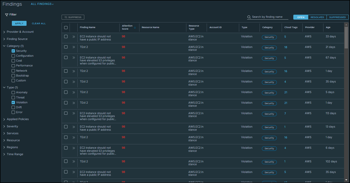 The findings display the finding name of each security violation, the attention score, the type of resource, the account ID, and a link that displays the cloud tags applied to the resource.