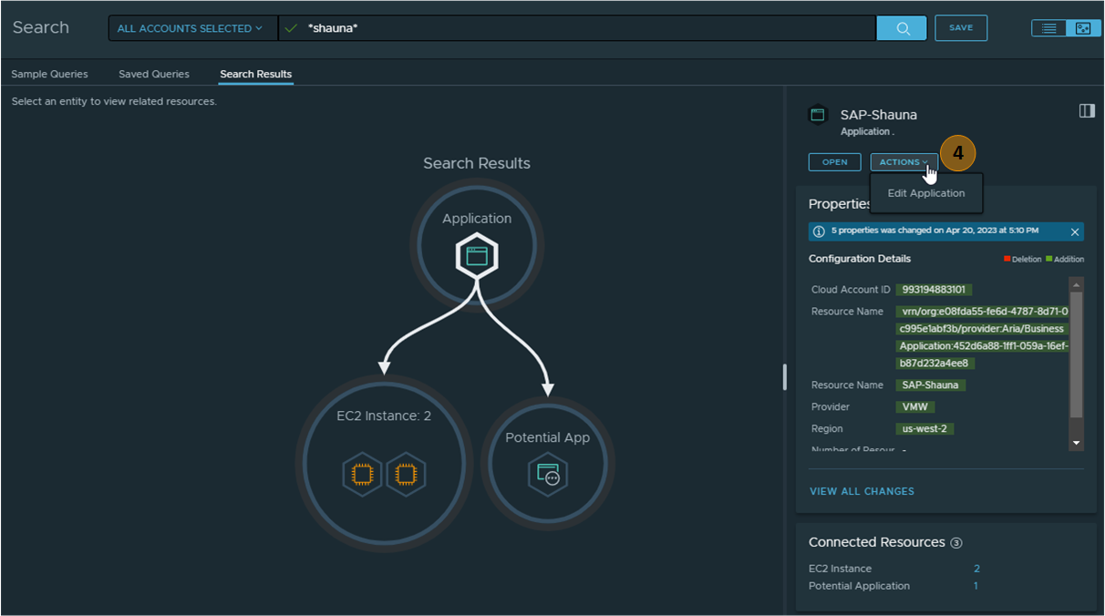 The search results with the SAP-Shauna application in the details pane. The Actions menu show Edit Application as an option.