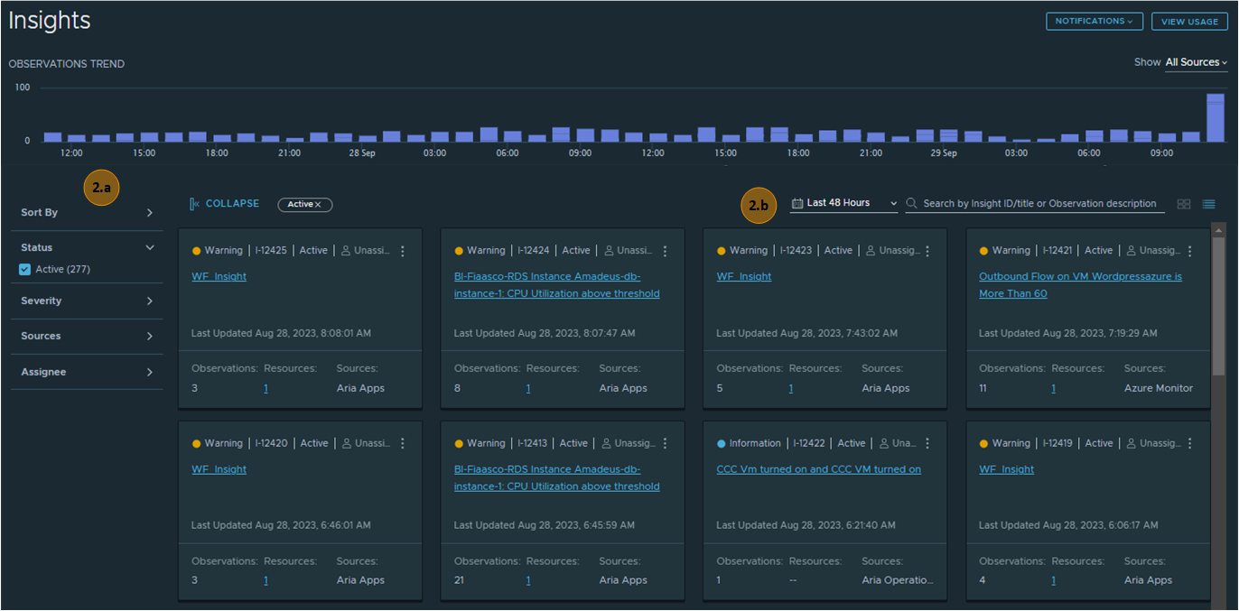 Insights landing page calling out filters, sources, and time frame.