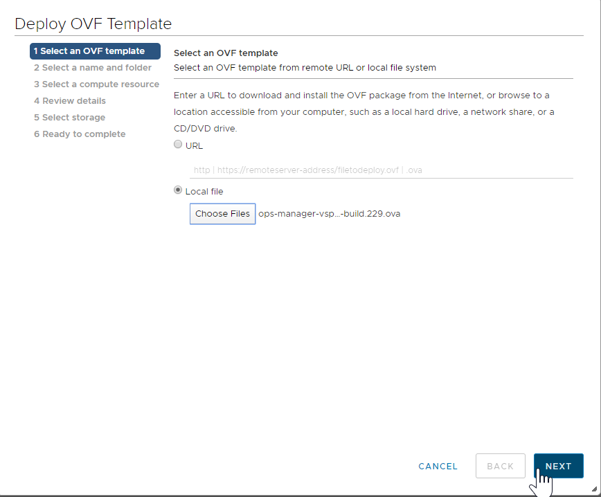 vCenter UI OVF Template Select an OVF template tab
