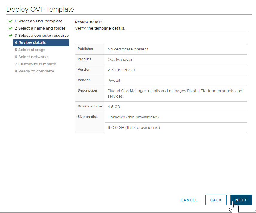 vCenter UI OVF Template Review details tab