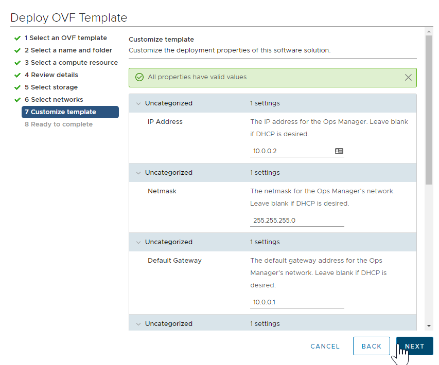 vCenter UI OVF Template Customize template tab with All properties have valid values notification