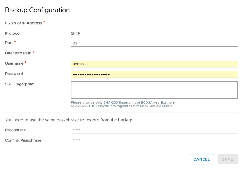 Backup Configuration screen fields.