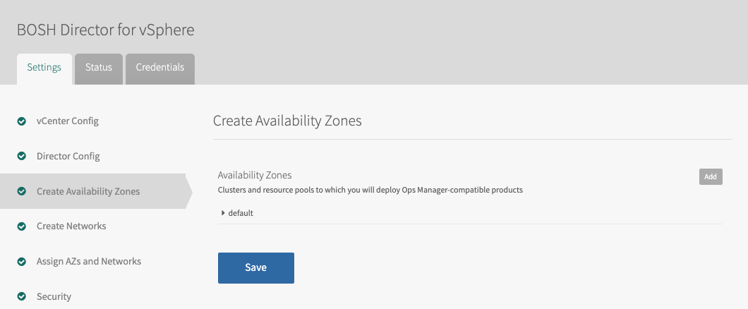 TKGI tile Create Availability Zones tab default configuration