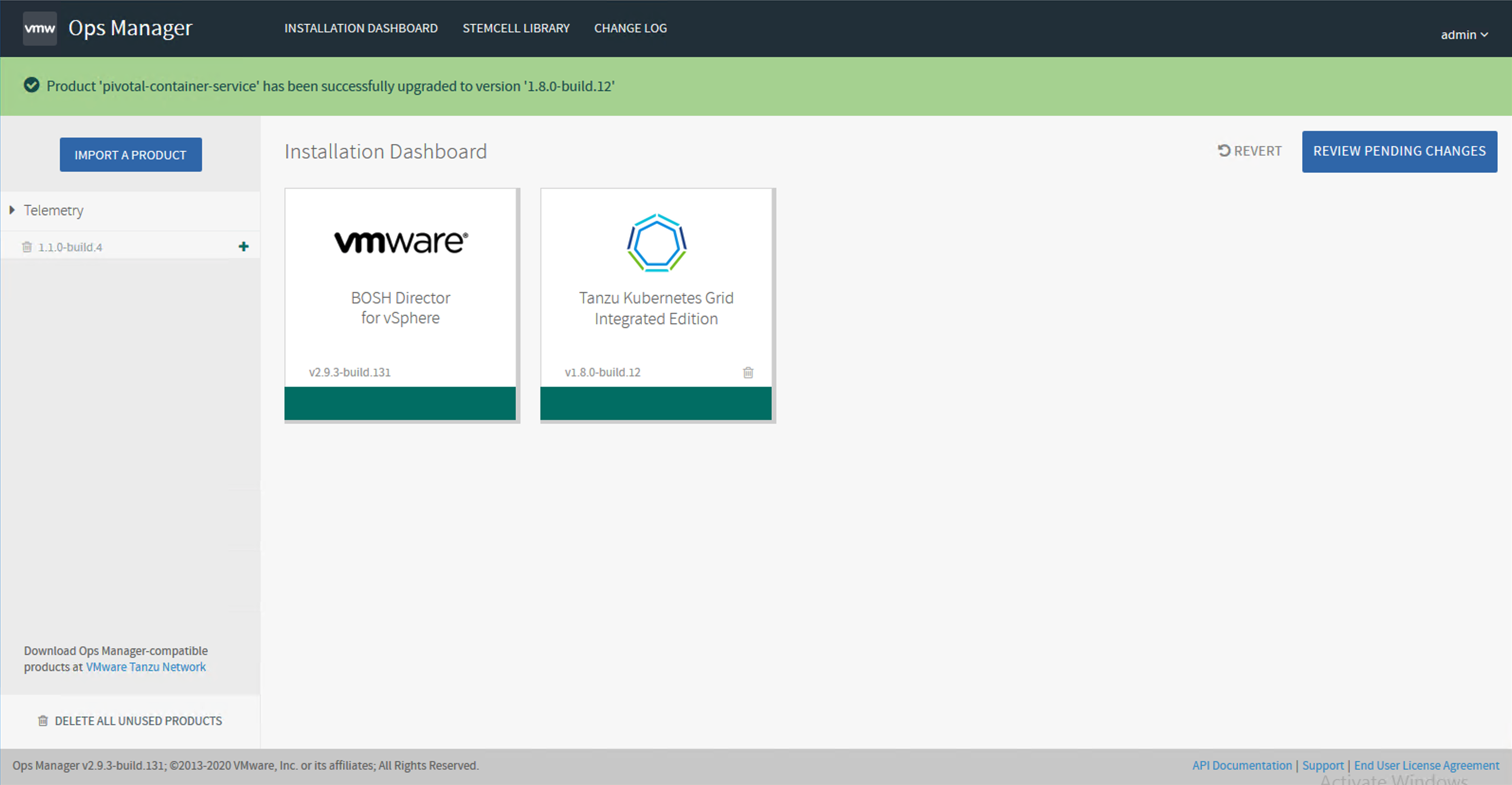 The Ops Manager Installation Dashboard page after importing and applying the TKGI tile.