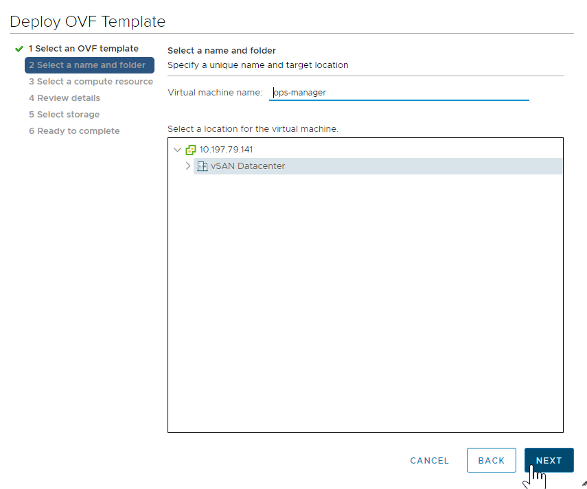 vCenter UI OVF Template Select a name and folder tab