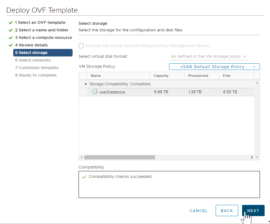 vCenter UI OVF Template Select Storage tab